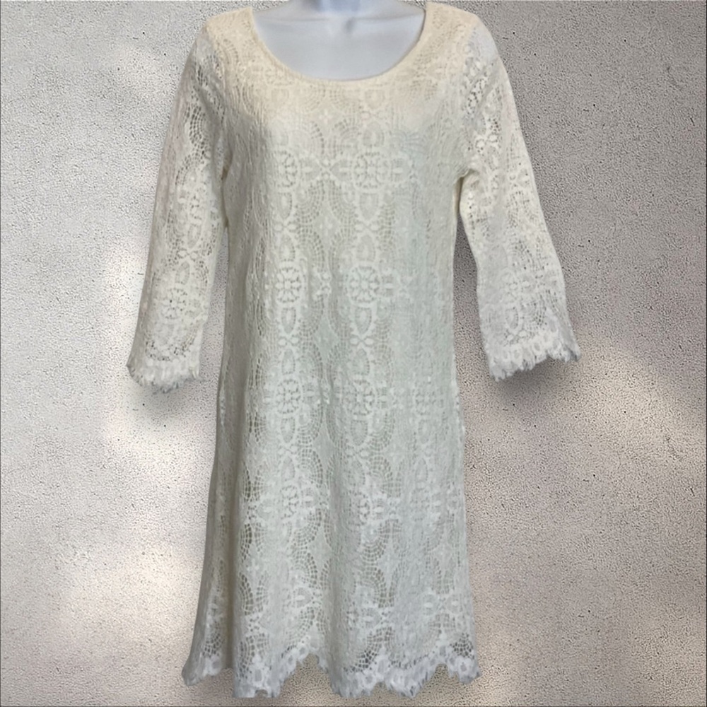 Uncle Frank Cream 3/4 Sleeve Full Lace Raw Edge Scallop Hem Mini Dress Size S